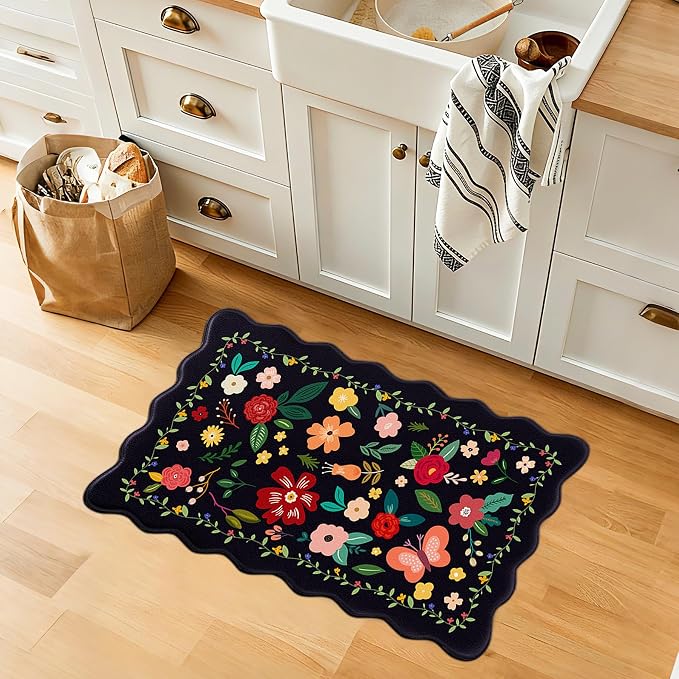 Kitchen Rugs Set of 3, Black Vintage Floral Scalloped Anti Fatigue Mats, Cushioned Non Slip PVC Floor Rugs, Comfort Standing Kitchen Floor Mats for Sink Laundry Office Home, 18x30, 18x48,18x60 Inch