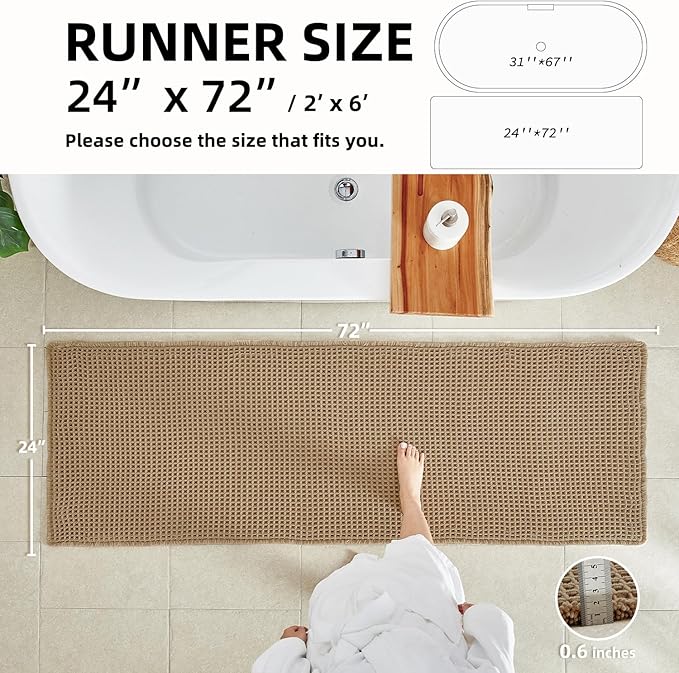 TYUU Waffle Runner Rug Bathroom, Long Boho Bathroom Rugs Non Slip Washable Super Absorbent Quick Dry Farmhouse Bath Mat, 72"x24" Khaki