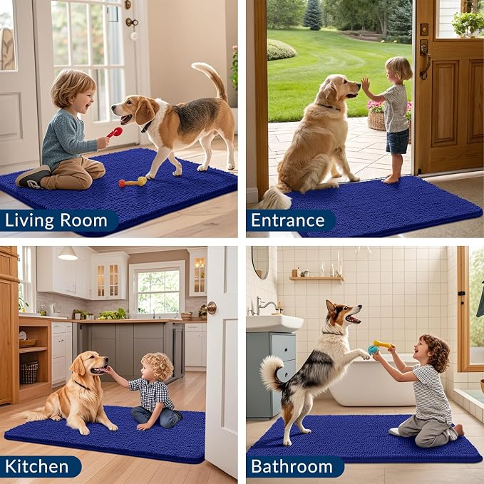 Smiry Dog Door Mat for Muddy Paws 47x24, Absorbent Dirt Trapper, Non-Slip Washable Chenille Entryway Rug for Inside Floor, Navy Blue, Classic Solid