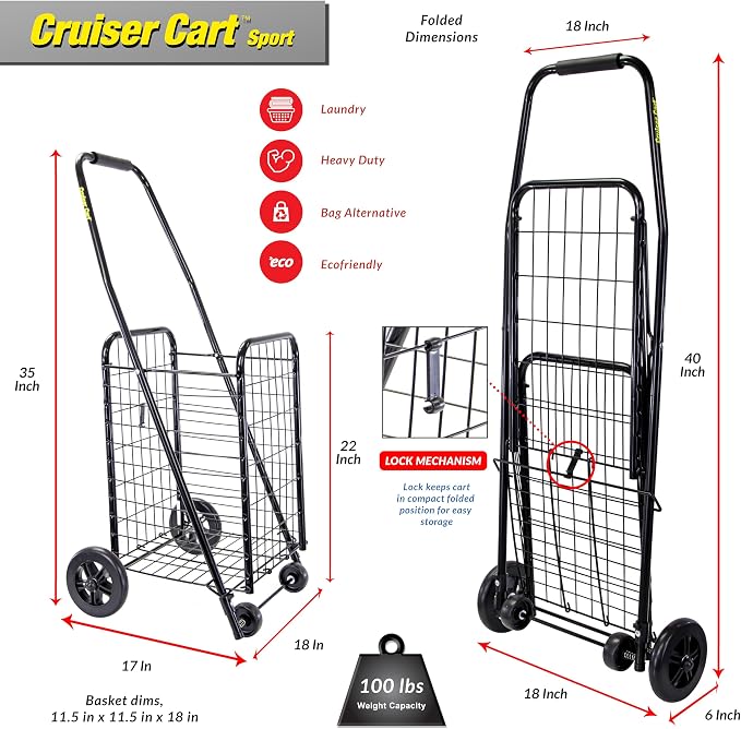 dbest Products Cruiser Cart Sport, Foldable Grocery Cart on Wheels,Multi-Use Collapsible Folding Laundry Basket with Wheels