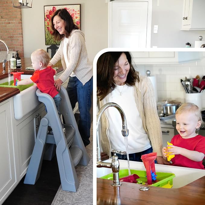Simplay3 Toddler Tower, Montessori Folding Kids Step Stool for Kitchen, Bathroom, 34" x 21.5" x 20", Ages 18 Months to 4 Years, Gray