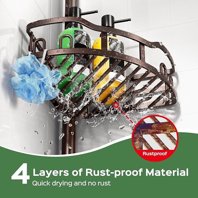 HAMITOR Shower Caddy Tension Pole: Rustproof Quick Install Corner Bathroom Organizer Shelf on Floor for Renters - 4-Tier Large Capacity Storage Rack with Soap Holder for Apartment -47-121 Inch/Bronze
