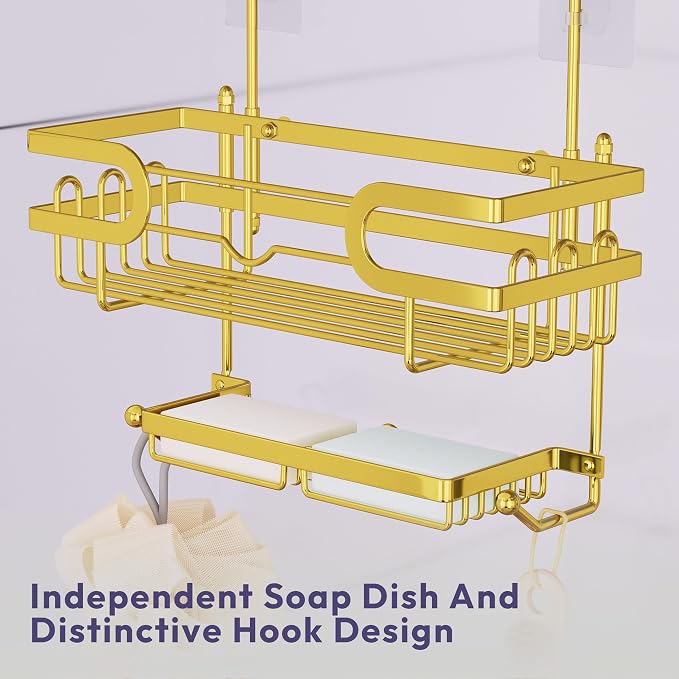 SWTYMIKI Over the Door Shower Caddy Hanging with Double Soap Holder, Hanging Shower Organizer with 16 Hooks, No Drilling Shower Shelves Over Door, Bathroom Rack and Storage, Gold