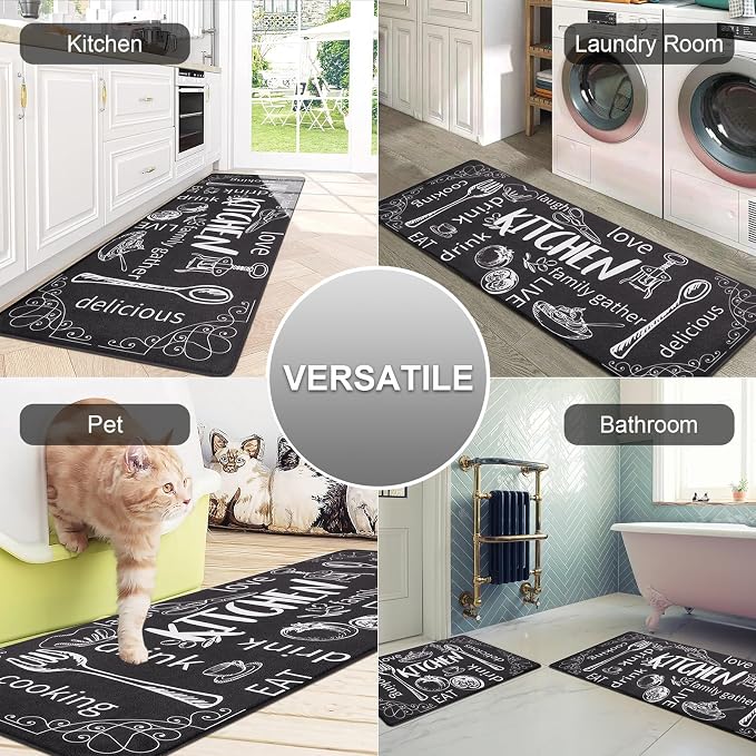 HEBE Kitchen Rugs Set of 2, Cushioned Anti Fatigue Kitchen Mats for Floor, Non Slip Waterproof Comfort Standing Desk Mat Carpet for Sink, Stove, Laundry Room, Black