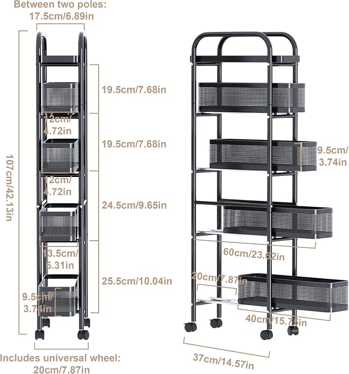 UMDONX Slim Storage Cart 5 Tier with Pull Out Basket Bathroom Organizer Rolling cart, Rolling Utility Cart Slide Out Organizer for Kitchen, Bathroom, Laundry Black