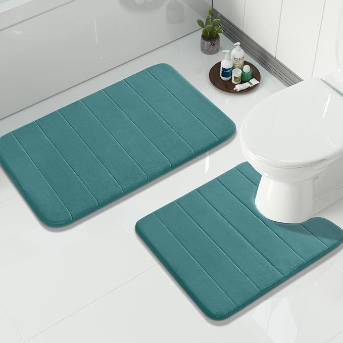 Yimobra Memory Foam Bath Mat Set 2 Piece - Super Soft Absorbent Quick Dry Bathroom Toilet Rugs, Machine Washable Non Slip Floor Carpet for Tub Shower & Single Sink (31.5x20 & 24x20, Teal)