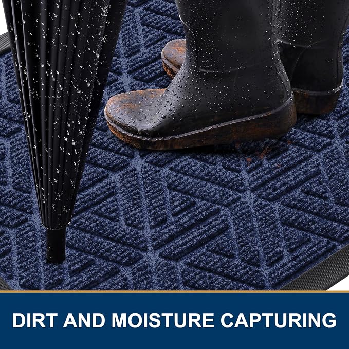 Smiry Front Door Mat Outside Entrance, Heavy Duty Sturdy Natural Rubber Doormat, Trap Dirt and Moisture, Easy Clean Low Profile Mats for Indoor Outdoor Entry, Grid Geometric (29.5x17, Navy Blue)