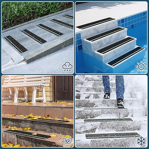 10 Pack 6” x 30” Anti Slip Traction Treads with Glow in The Dark Stripe, Outdoor Waterproof Non Skid Pre-Cut Tape with Roller, High Traction Friction Abrasive Adhesive for Stairs Step
