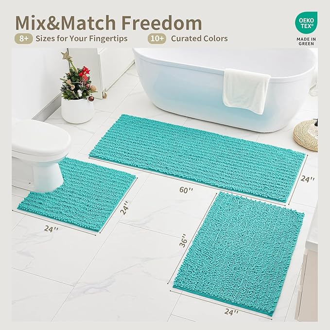 Bathroom Rugs Non Slip Washable 32x20, Extra Thick Soft Chenille Absorbent Bath Mat, High Density Barrier Non Slip Backing, Quick Dry Plush Shaggy Floor Carpet for Tub&Shower, TealBlue