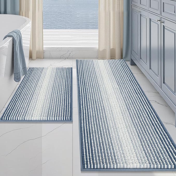 BSICPRO Bathroom Rugs and Mats Sets, 2 Piece Thick Absorbent Chenille Bath Mat Rug Set Non Slip, Soft Shaggy Bath Room Floor Mats for Bathroom, Machine Washable (Fog Blue, 20" x 60" Plus 20" x 32")