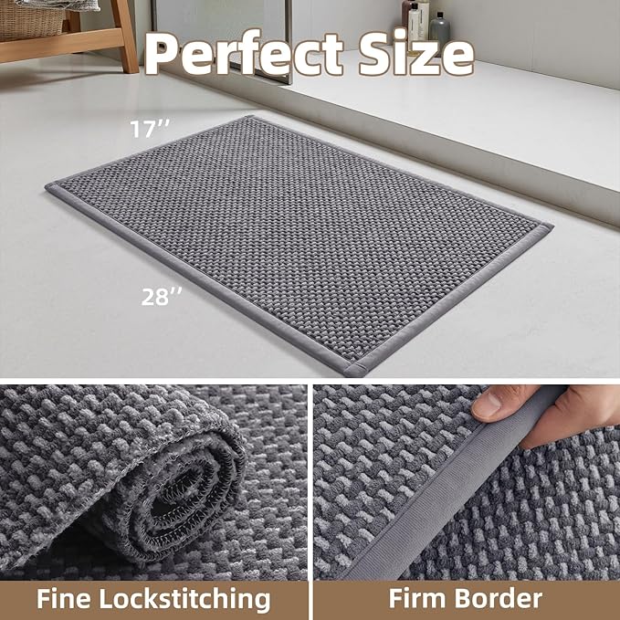 PADOOR-Bath Mat-Super Absorbent Chenille Bathroom Mats-Rubber Backed Bath Mats for Bathroom Non Slip, Easy Clean Bathroom Rugs Front of Bathtub,Shower Room,Sink-17×28, Grey&Darkgrey