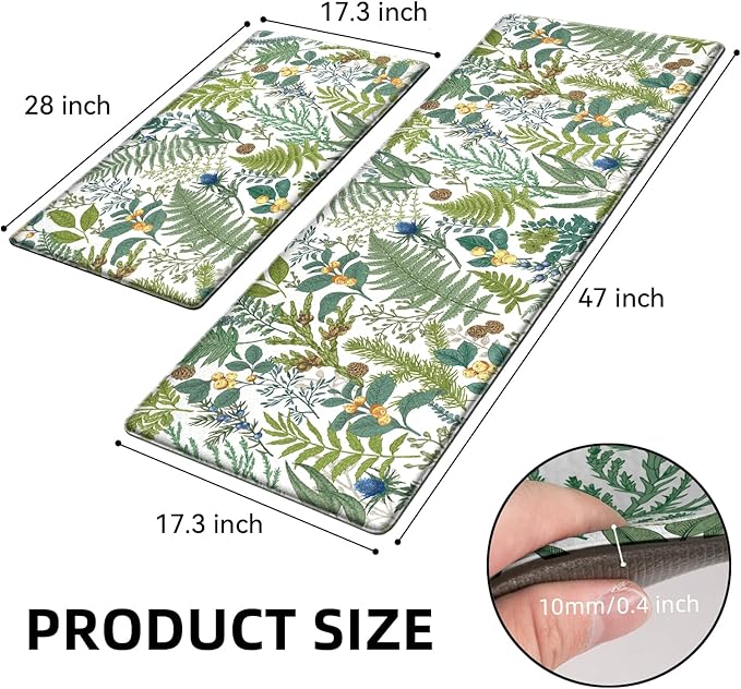 White Green Botanical Kitchen Rugs Set of 2 Plant Leaf Anti-Fatigue Kitchen Mat Natural Comfort Standing Waterproof PVC Mats 2/5" Thick Leather Carpet for Laundry Office Sink(17.3" x28" + 17.3" x 47")