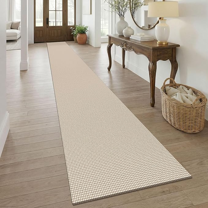 KOZYFLY Braided 2.5'x20' Runners Rugs for Hallway, Extra Long Washable Runner Rug, Woven Non Slip Kitchen Runner, Cotton Entryway Rug, Floor Carpet for Entry, Aisle, Hall, Ivory/Camel/Brown
