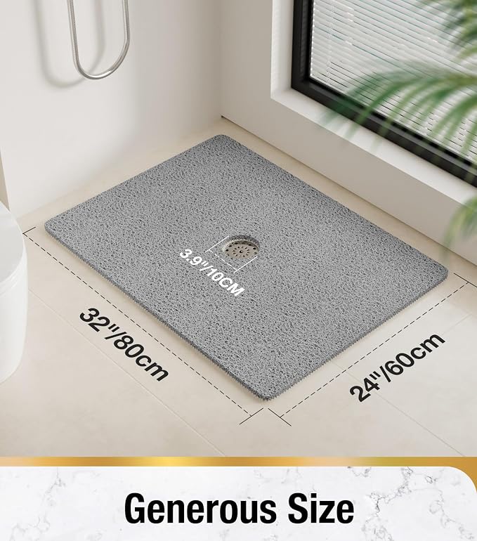 HITSLAM Shower Mat, 32 x 24 Inch Non Slip Bath Mat for Tub, Soft PVC Loofah Bathtub Mats with Drain Holes, Quick Drying Bathroom Stall Floor Mat, Bathroom Accessories Without Suction Cup, Grey