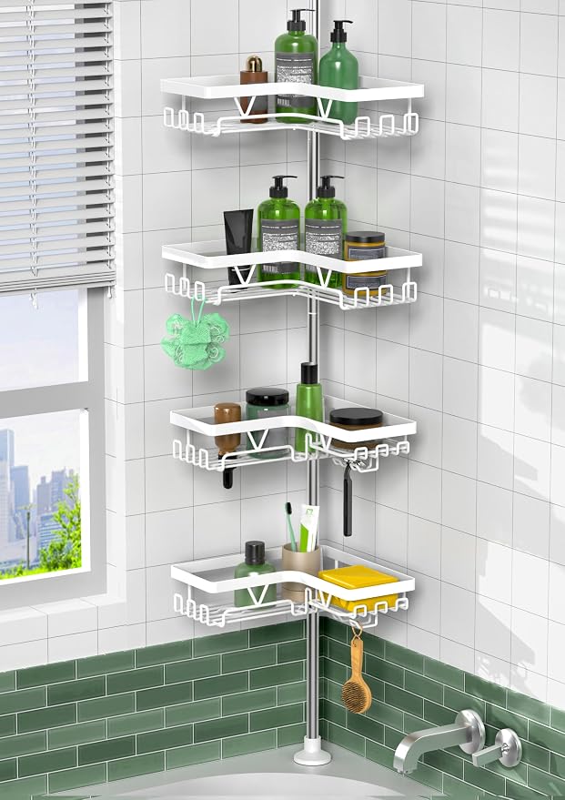 KEGII Corner Shower Caddy Tension Pole - 4-Tier Rustproof Bathroom Organizer, Floor to Ceiling Shower Caddy 25-114.2 inch, No Drilling Shower Storage Rack for Shampoo, Towels (Matte White) | Rustproof