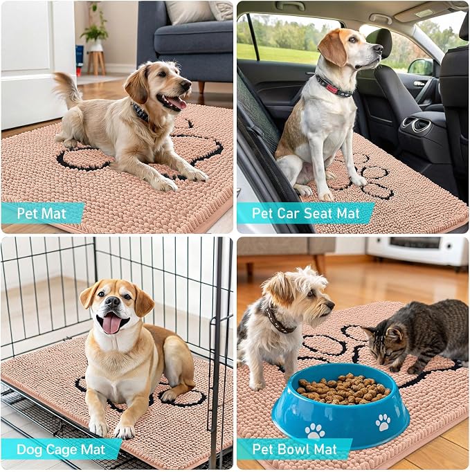 OLANLY Dog Door Mat for Muddy Paws 30x20, Paw Print Design, Absorbs Moisture and Dirt, Absorbent Non-Slip Washable Doormat, Quick Dry Chenille Mud Mat for Dogs, Entry Indoor Entryway Carpet, Peach