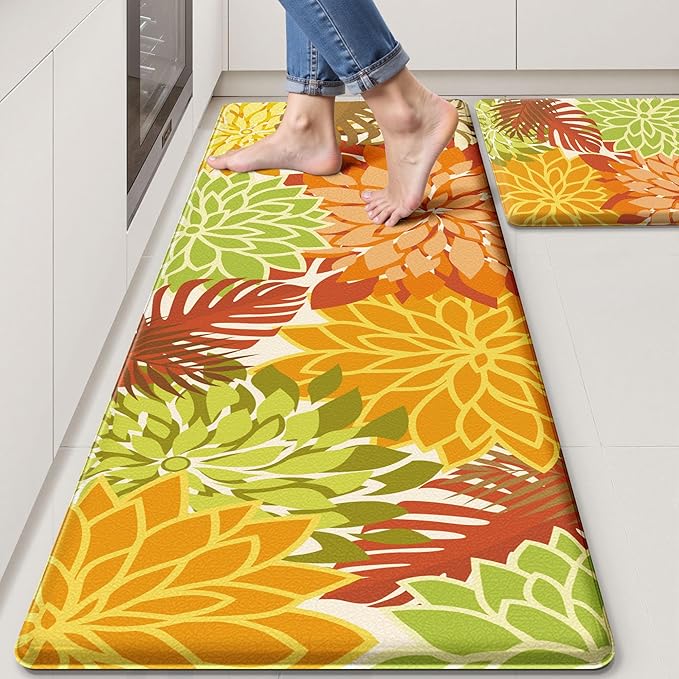Arenarug Kitchen Mats for Floor 2PCS Cushioned Anti Fatigue Kitchen Mats Waterproof Non Slip Kitchen Rug Set Foam Standing Mat for Sink, Laundry, Office,17.3" x 28" + 17.3" x 47", Maple Orange
