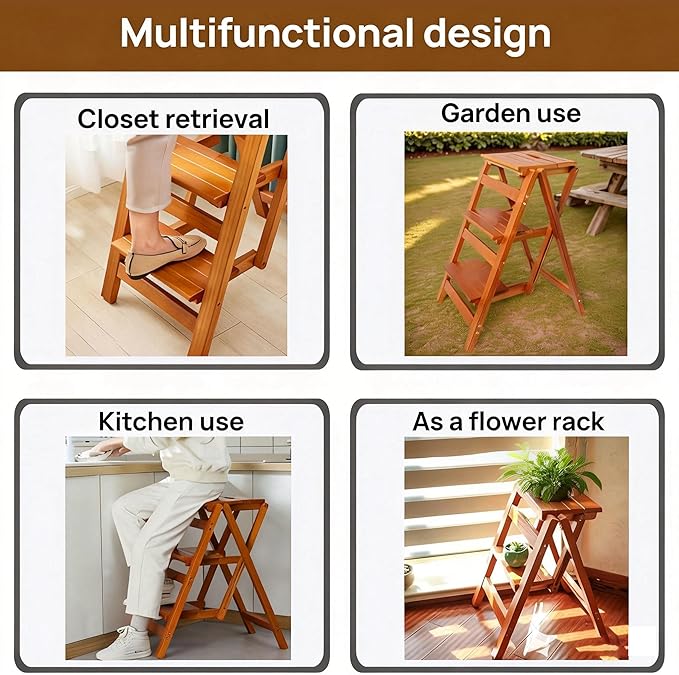 3-Step Ladder Stool, Wooden Folding Step Stool for Home & Kitchen, Solid Pine with Non-Slip Steps & Anti-Scratch Shoe Covers, 337lb Weight Capacity, Space-Saving, No Assembly Required (Brown)