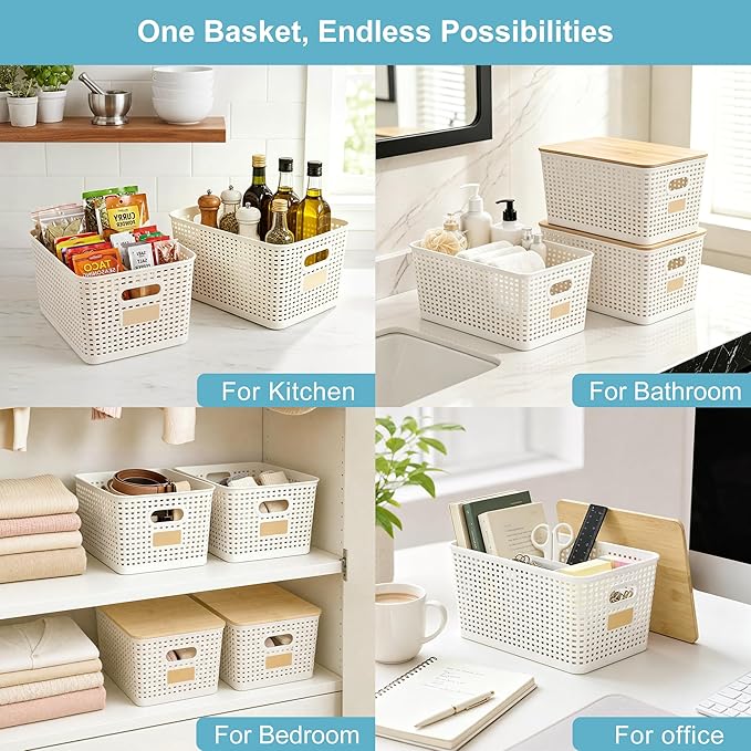 Bagnizer 2 Pack Tall Plastic Storage Bins with Bamboo Lids, 10.8qt Stackable Storages Baskets for Organizing Desktop Closet Playroom Classroom Office, 12"L x 8.3"W x 6.1"H, Cream White