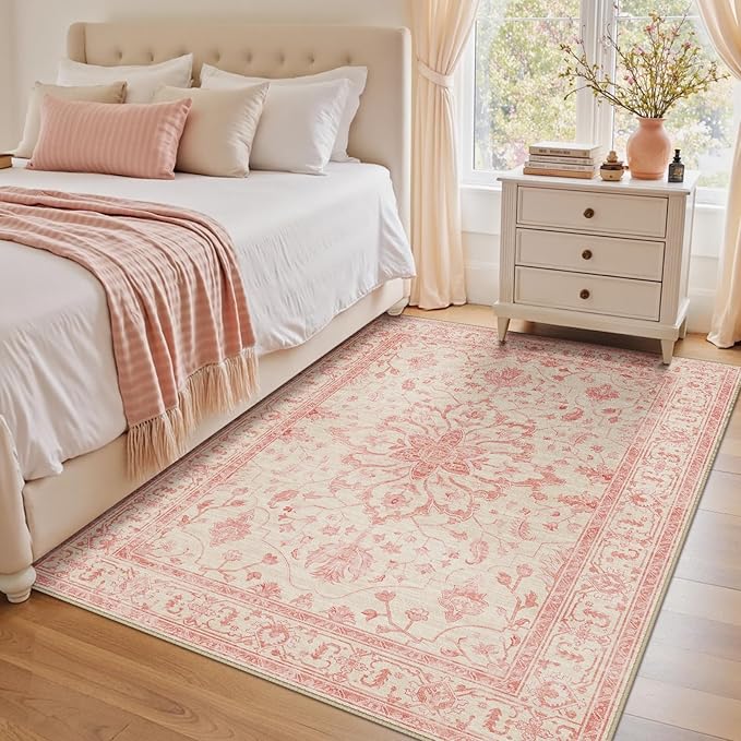 RELEANY Area Rugs 4'x6' Washable Non-Slip, Floral Vintage Distress Medallion Carpet for Living Room Bedroom Dining Room, Pink Light Vintage Pink