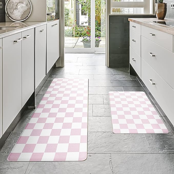 Pink Checkered Grid Checkerboard Kitchen Rug Sets [2 PCs], Anti-Fatigue, Waterproof Non-Slip Kitchen Mats Heavy Duty Ergonomic Comfort Foam Rug for Floor, Home, Laundry,Easter 17"x29"+17"x47"