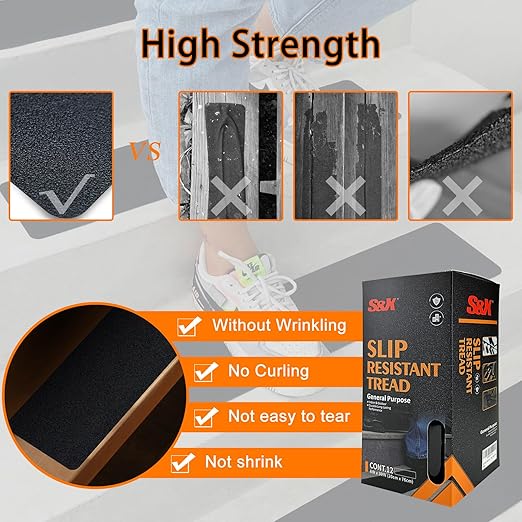 S&X Stair Treads Non Slip Outdoor Grip Tape 12-Pack 8” x 30” Pre-Cut Anti Slip Tape, Safety Non Skid Traction Tread for Stairs, Steps, Black