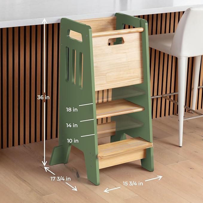 OCODILE Toddler Tower with a Sliding Door and 3 Adjustable Heights - Safe Toddler Kitchen Step Helper with Support Feet - Updated Design for 18+ Months to 6-Year-Old Kids - Green