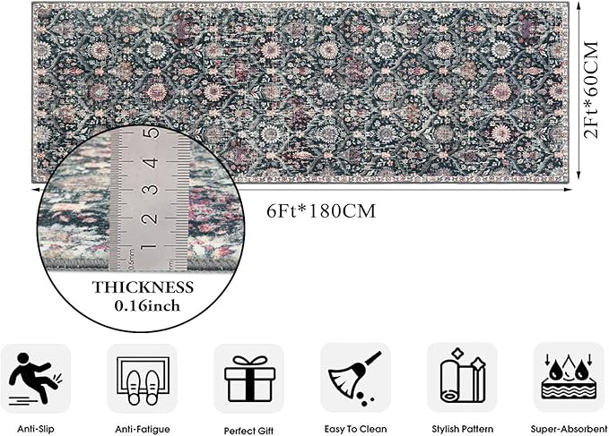 Lahome Moroccan Trellis Washable Runner Rug, 2x6 Kitchen Runners for Hallways 6 Feet Non Slip, Vintage Laundry Room Rug Ultra-Thin Carpet for Bathroom Bedroom Entryway Elise, Black/Multi