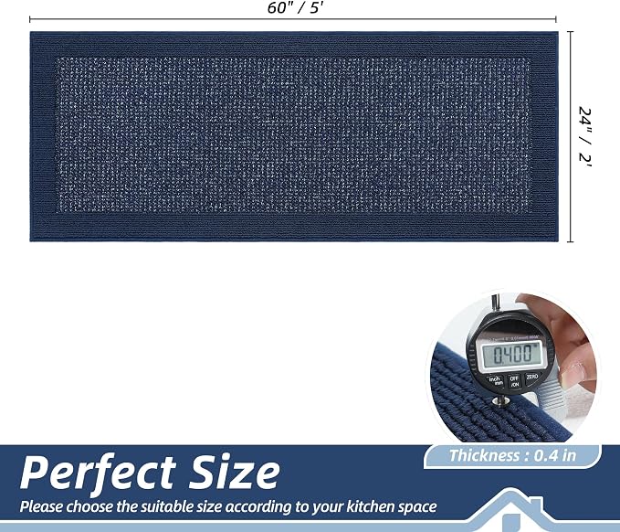 BEQHAUSE Kitchen Runner Rugs 24"x60", Kitchen Rugs Non-Slip Kitchen Mats for Floor, Absorbent and Stain Resistant Kitchen Mats, Machine Washable Rug for Kitchen, Hallway, Laundry & Sink, Blue