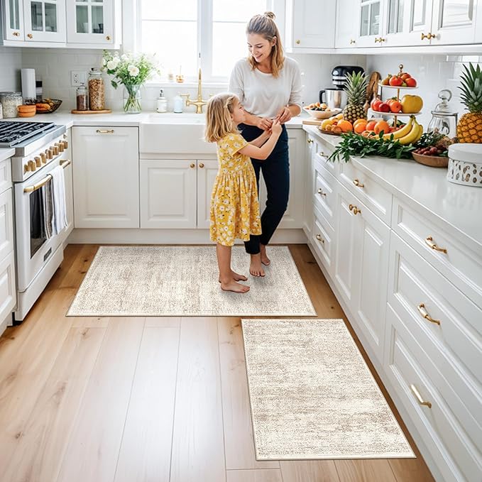 Kitchen Rugs Sets of 2, Washable Non-Slip Kitchen Mats for Floor, Stain Resistant Kitchen Runner Rugs for Kitchen Sink Laundry Entryway (Cream Beige, 2x3+2x4)