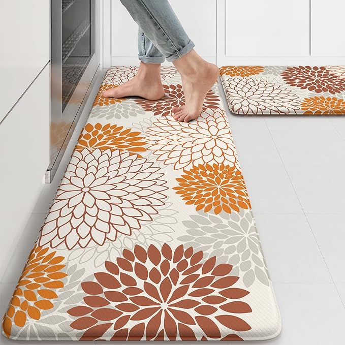 KIMODE Kitchen Mats for Floor Anti Fatigue, 17"x47"+17"x29" Dahlia Floral Kitchen Floor Mats,Farmhouse Kitchen Rugs Non Slip Cushioned, Comfort Standing Desk Mat for Sink, Laundry, Desk Orange