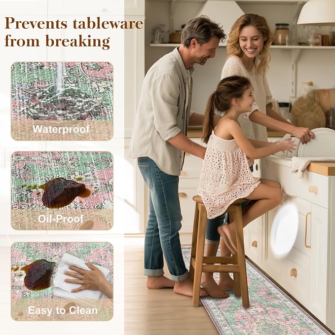 Boho Kitchen Mats for Floor 2 Piece Set Anti Fatigue Cushioned PVC Kitchen Rugs Non Slip Waterproof Farmhouse Mats 2/5 Inch Comfort Standing Mat for Sink, Laundry, 17.3"x47"+17.3"x28", Green Pink