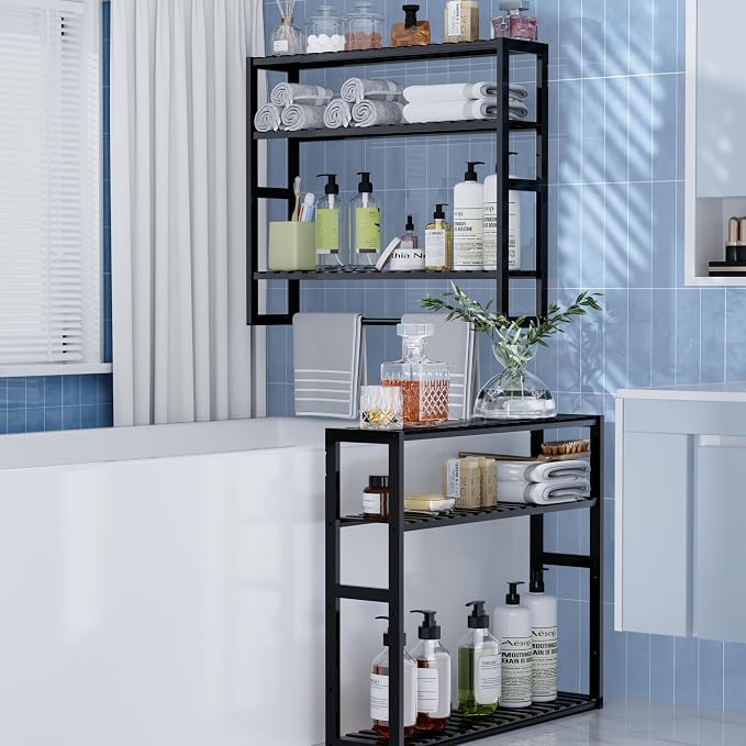 PPN Extra Large Towel Rack Bathroom Storage Shelves Over The Toilet with Towel Bar 100% Bamboo Adjustable Height Floating Shelf Wall Shower Shelf for Small Space Bathroom Kitchen Multi Usage
