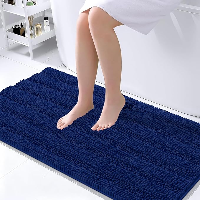 OLANLY Thick Large Bathroom Rugs 45x27, Extra Soft Absorbent Chenille Striped Bath Rugs, Rubber Backing, Machine Wash Dry, Bath Mats for Bathroom Floor, Tub and Shower, Home Decor Accessories, Navy
