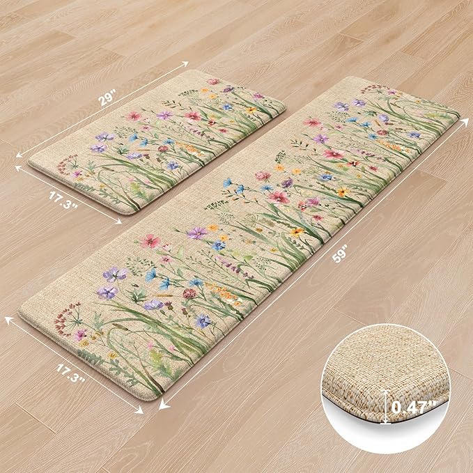 KIMODE Anti Fatigue Mats for Kitchen Floor 17"x59"+17"x29", Farmhouse Floral Kitchen Rugs, Cushioned Memory Foam Kitchen Mats, Comfort Standing Mat for Laundry, Office, Sink, Desk Brown