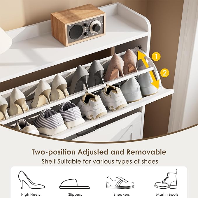 Nicetree Shoe Cabinet with 2 Flip Drawers, Freestanding Shoe Organizer, Shoe Cabinet with Metal Legs, Narrow Shoe Rack Cabinet for Entryway, Foyer, Hallway, White