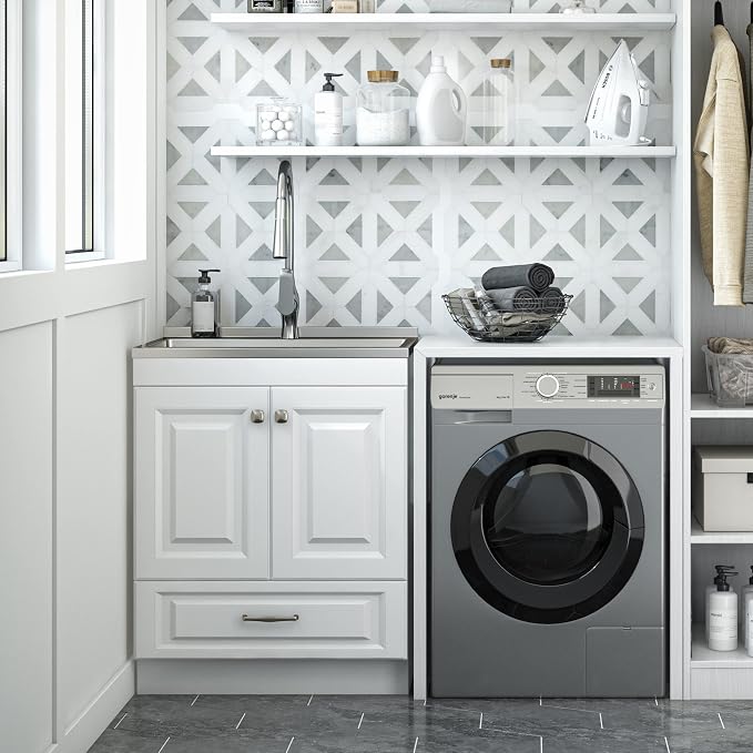 SIMPLIHOME Lawrence All-in-One 28 inch Wide Utility Sink and Laundry Cabinet in Pure White Finish, Transitional Stainless Steel Sink Cabinet for Laundry Rooms with High-Arch Brushed Nickel Faucet