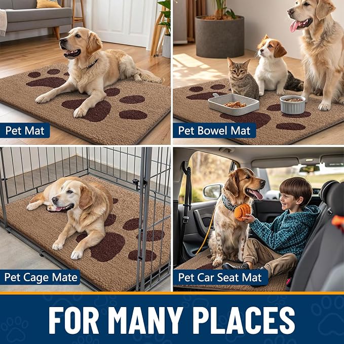 Smiry Dog Door Mat for Muddy Paws, Absorbs Moisture and Dirt, Low-Profile Entryway Mat with Non-Slip Backing, Entry Indoor Outdoor Doormat for Inside Floor (48x32 Inches, Beige, Paw)