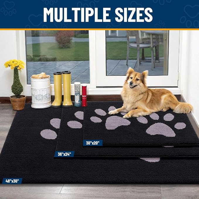 Smiry Dog Door Mat for Muddy Paws, Absorbs Moisture and Dirt, Low-Profile Entryway Mat with Non-Slip Backing, Entry Indoor Outdoor Doormat for Inside Floor (30x20 Inches, Black and Grey, Paw)