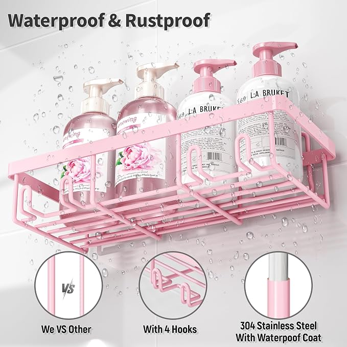 Liuoud 5 Pack Shower Caddy Organizer Rack Shelf for Inside Shower, Adhesive Bathroom Wall Storage Basket Rustproof Stainless Steel Shampoo Holder, Girly Bathroom Accessory Decor Set, Pink