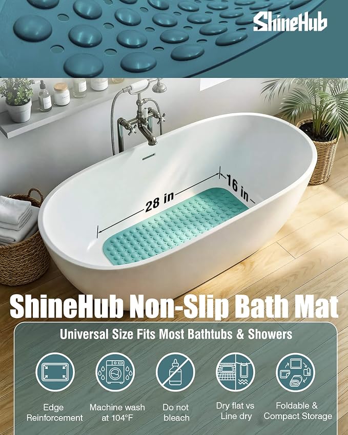 Non Slip TPE Bath Mat, Heavy Non Floating Shower Mat, 28x16, Green | Strong grip, 166 suctions, 144 drains, 7mm extra-thick cushioned layer, washable, for bathroom shower tub floor
