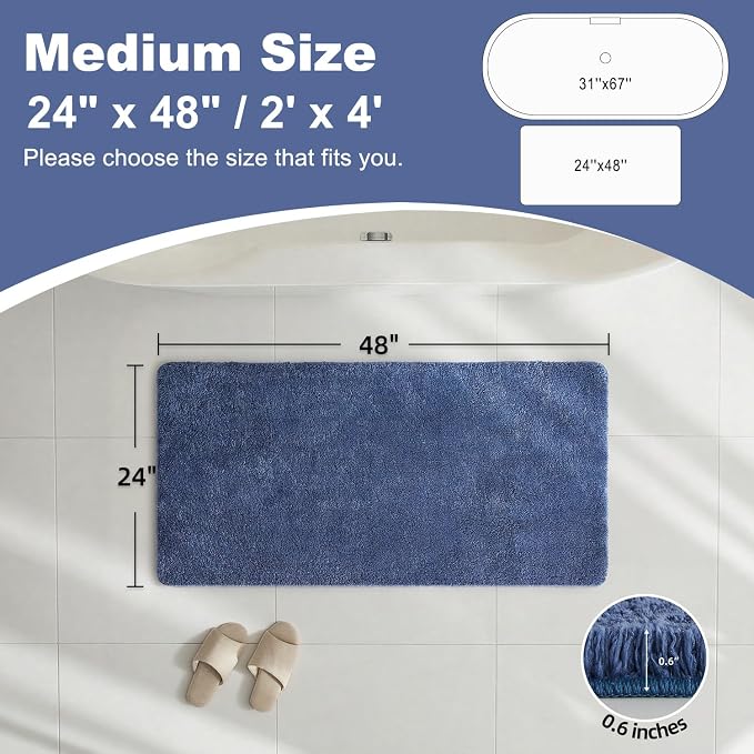 TYUU Bathroom Rugs Non Slip Washable, Ultra Soft Super Absorbent Quick Dry Small Bath Mat with Rubber Backing for Bathroom Floor, Shower, or Sink, Denim Blue 24" x 48"