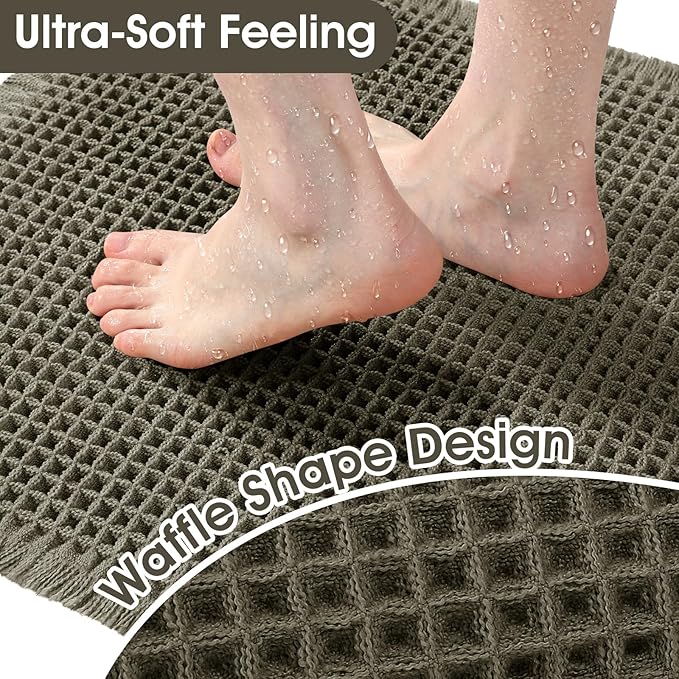 Upgrade Waffle Bath Mat, Boho Bathroom Rugs Absorbent Non Slip, Ultra Soft Bathroom Mat, Machine Washable Knit Bath Rugs with Stripe for Bathroom, Bedroom, Kitchen, Tub, 24"x17", Light Green & White