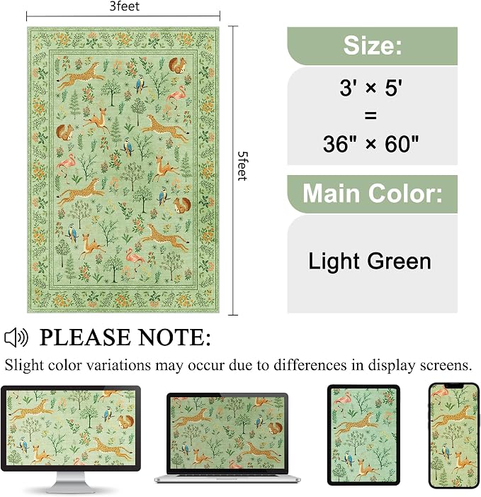 DUKINO 3x5 Rug, Washable Animal Area Rug with Non Slip Vintage Design, Indoor Soft Low Pile Carpet for Bedroom, Nursery, Dining Room, Farmhouse, Playroom, Light Green