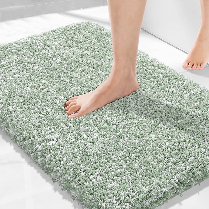 Yimobra Light Green and White Bath Rugs for Bathroom 32X20, Ultra Soft and Water Absorbent Bath Mats, Non Slip Plush Shower Rugs, Microfiber Thick Matts for Bathroom Floor/Tub, Machine Washable