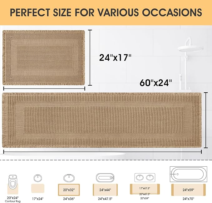 Upgrade Waffle Bath Mat Set 2 Piece , Boho Bathroom Rugs Absorbent Non Slip, Ultra Soft Bathroom Mat, Machine Washable Knit Bath Rugs with Tassels for Bathroom, Bedroom, Kitchen, Shower, Tub, Beige