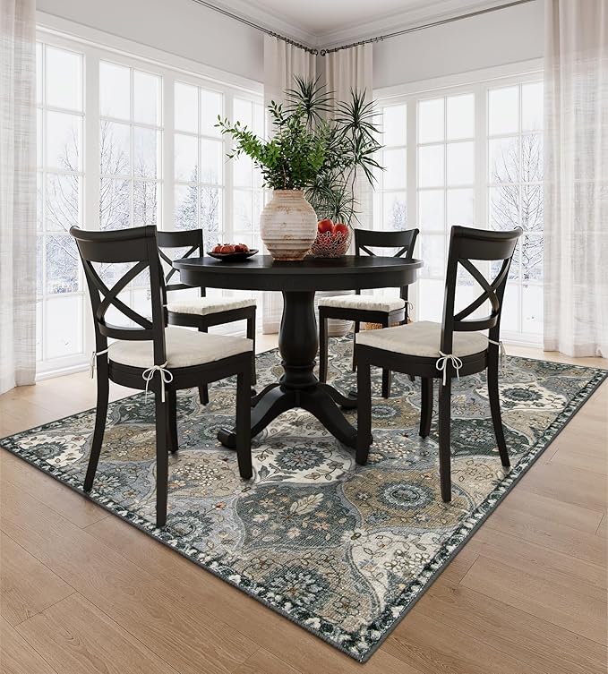 Lahome Moroccan Washable Living Room Rug, 5x8 Rugs for Bedroom Dining Room, Soft Non-Slip Non Shedding Boho Distressed Throw Carpet for Nursery Office Elise, Grey
