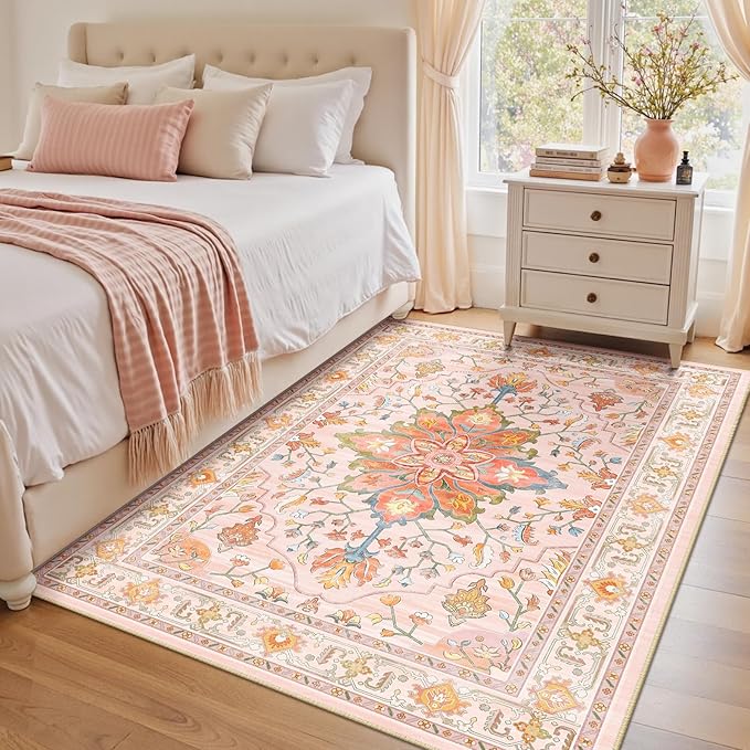 RELEANY Area Rugs 4'x6' Washable Non-Slip, Floral Vintage Distress Medallion Carpet for Living Room Bedroom Dining Room, Light Pink Colorful