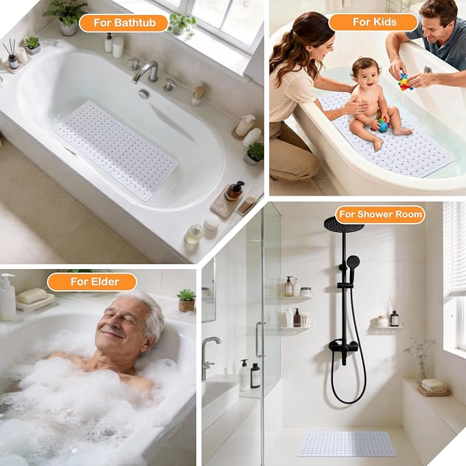 Yimobra Bathtub Mat Non Slip, 34.5"X15.5" Long Shower Mat for Inside Shower, Machine Washable Bath Mat with Drain Holes & Strong Suction Cups, Soft on Feet, Bathroom Essentials, White
