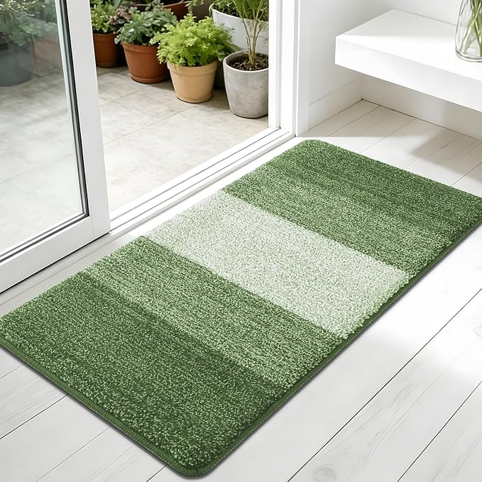 Kitinjoy Indoor Outdoor Door Mat, 45x27 Non-Slip Absorbent Dirt Trapper, Low-Profile Washable Inside Entrance Front Floor Mat, Sturdy Soft Entry Doormats for Entryway, Green